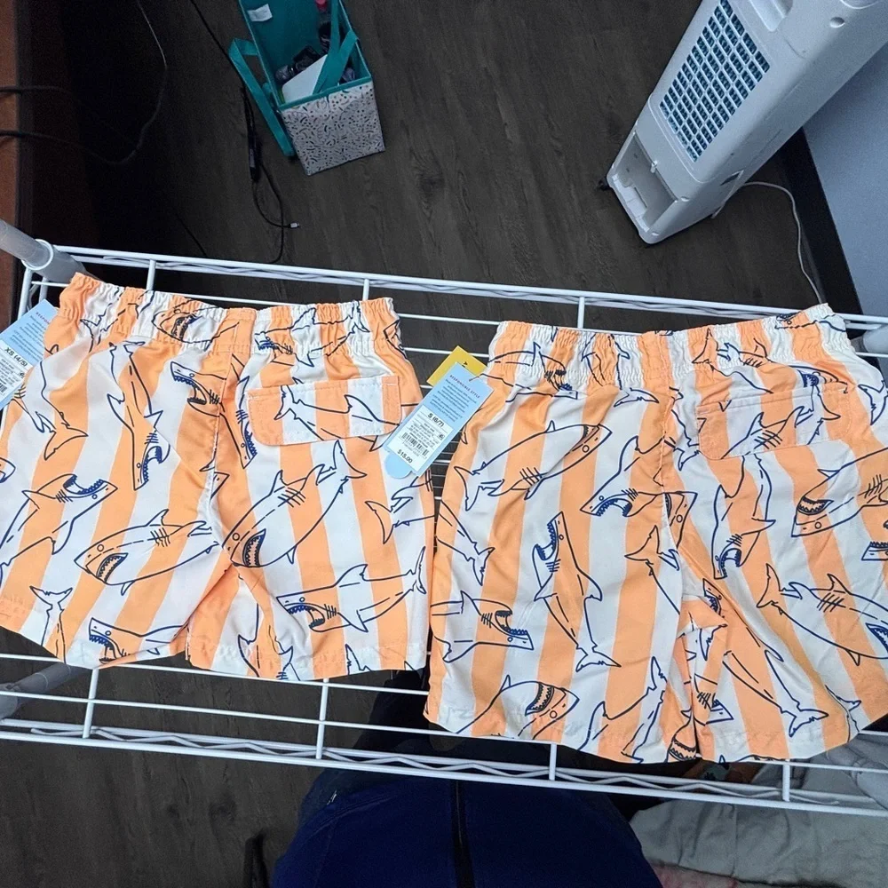 NWT Cat & Jack Irish Twin 4/5yo & 6/7yo JAWS Orange & White Striped Swim Shorts
